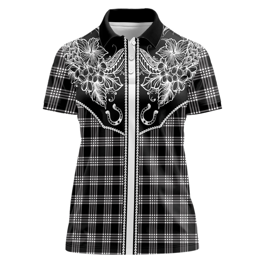Hawai'i Paniolo Motif Black Women Polo Shirt Floral Palaka Print LT7 Female Black - Polynesian Pride