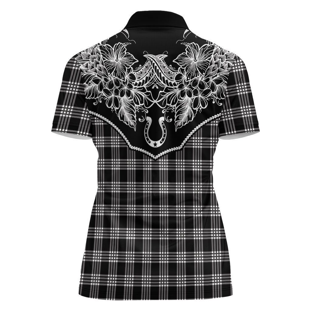 Hawai'i Paniolo Motif Black Women Polo Shirt Floral Palaka Print LT7 - Polynesian Pride