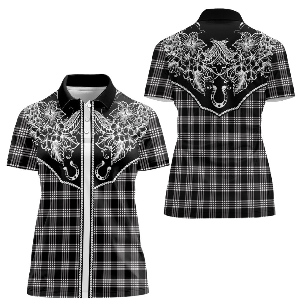 Hawai'i Paniolo Motif Black Women Polo Shirt Floral Palaka Print LT7 - Polynesian Pride