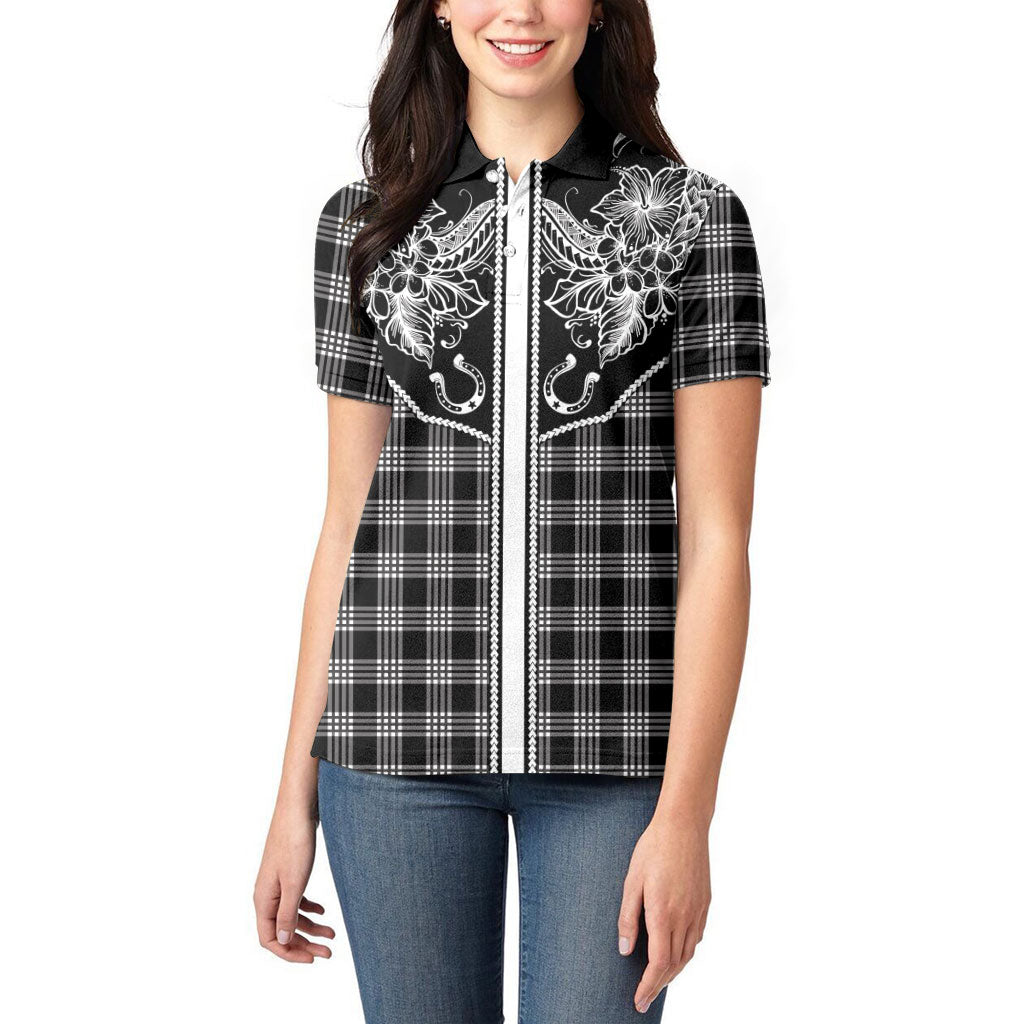 Hawai'i Paniolo Motif Black Women Polo Shirt Floral Palaka Print LT7 - Polynesian Pride