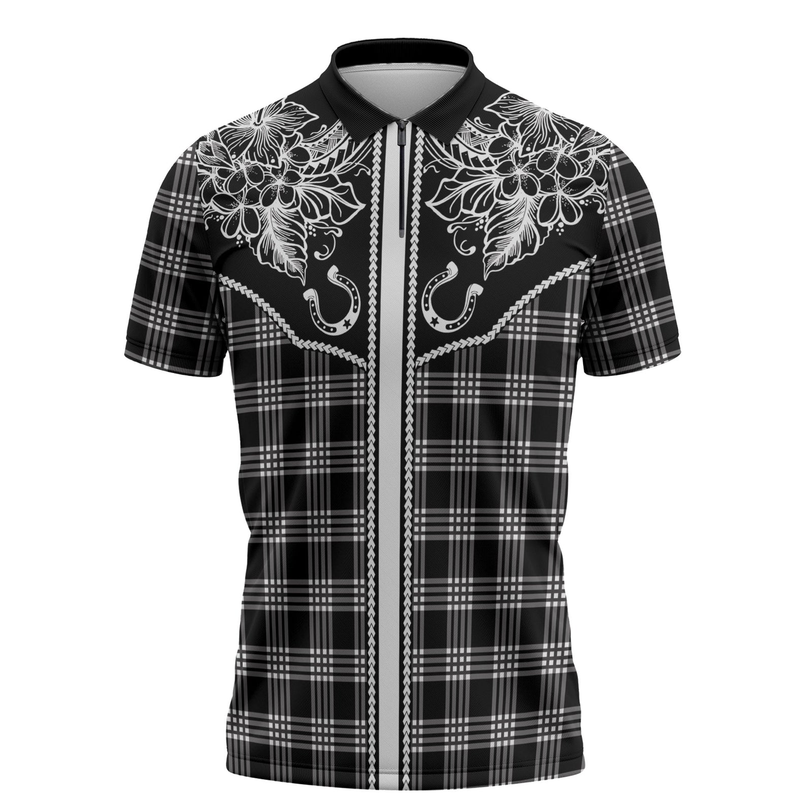 Hawai'i Paniolo Motif Black Zipper Polo Shirt Floral Palaka Print