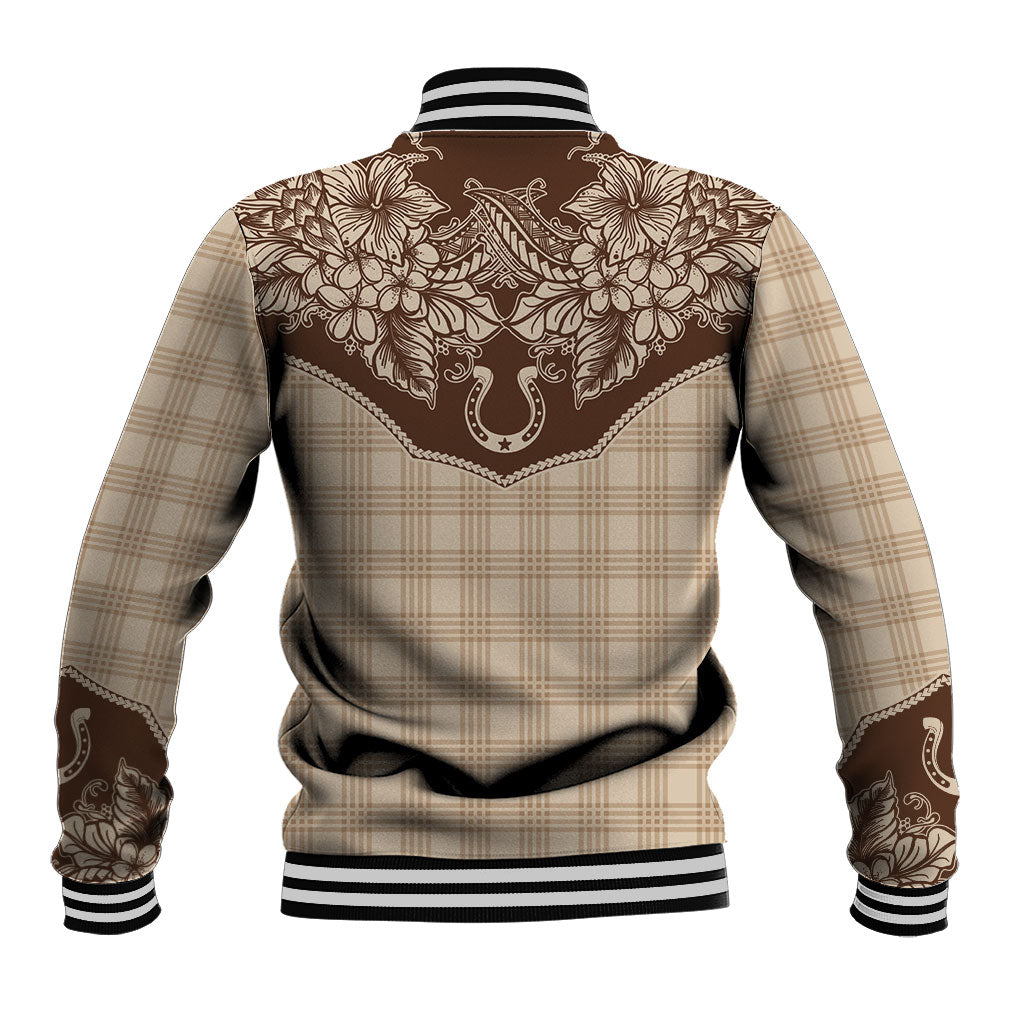 Hawai'i Paniolo Motif Leather Brown Baseball Jacket Floral Palaka Print LT7 - Polynesian Pride