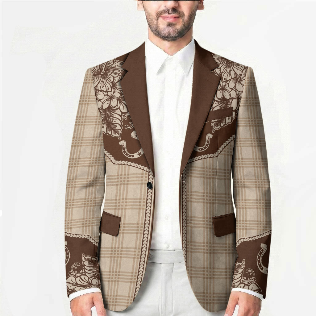 Hawai'i Paniolo Motif Leather Brown Blazer Floral Palaka Print LT7 - Polynesian Pride