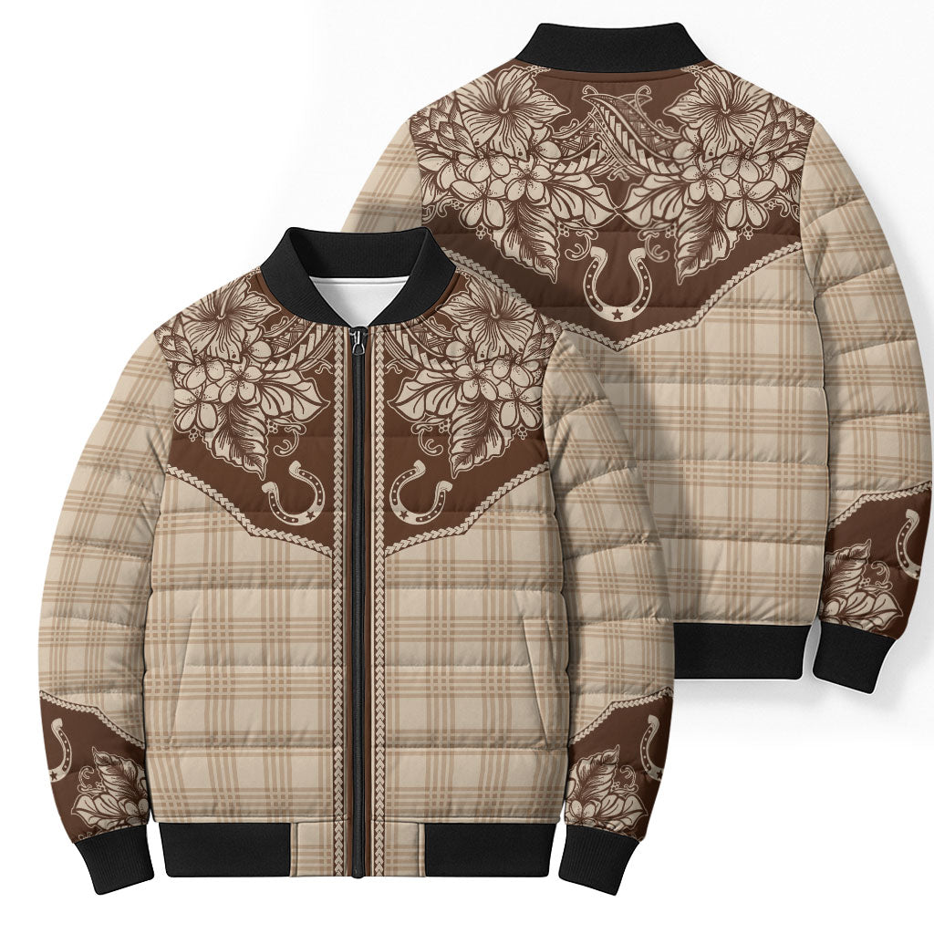 Hawai'i Paniolo Motif Leather Brown Bomber Puffer Jacket Floral Palaka Print LT7 - Polynesian Pride