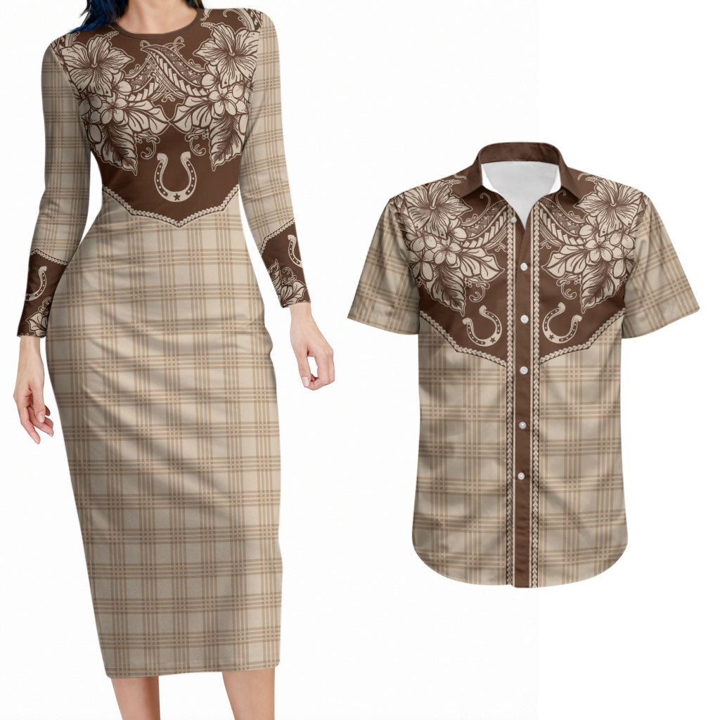 Hawai'i Paniolo Motif Leather Brown Couples Matching Long Sleeve Bodycon Dress and Hawaiian Shirt Floral Palaka Print LT7 Brown - Polynesian Pride