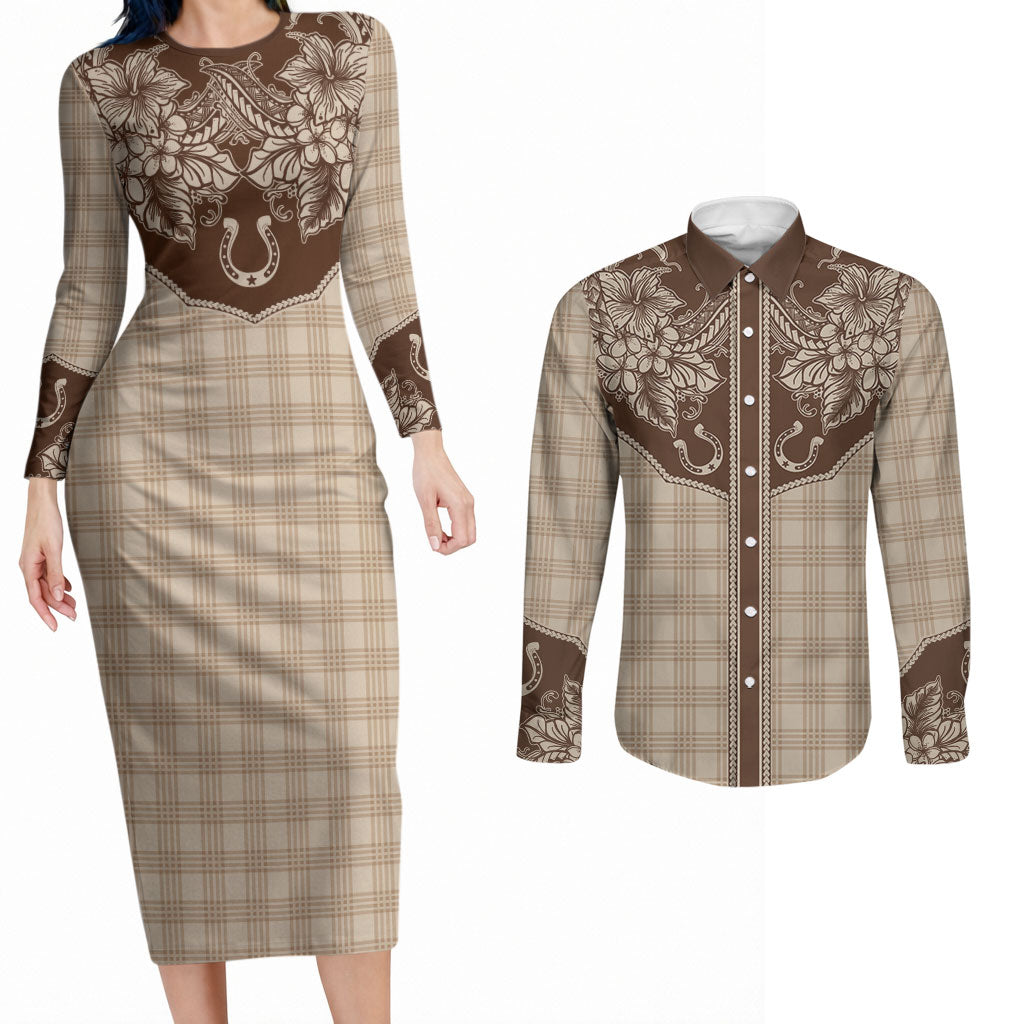 Hawai'i Paniolo Motif Leather Brown Couples Matching Long Sleeve Bodycon Dress and Long Sleeve Button Shirt Floral Palaka Print LT7 Brown - Polynesian Pride