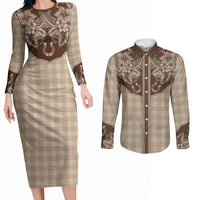 Hawai'i Paniolo Motif Leather Brown Couples Matching Long Sleeve Bodycon Dress and Long Sleeve Button Shirt Floral Palaka Print LT7 Brown - Polynesian Pride