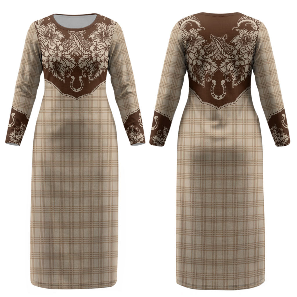 Hawai'i Paniolo Motif Leather Brown Couples Matching Long Sleeve Bodycon Dress and Long Sleeve Button Shirt Floral Palaka Print LT7 - Polynesian Pride