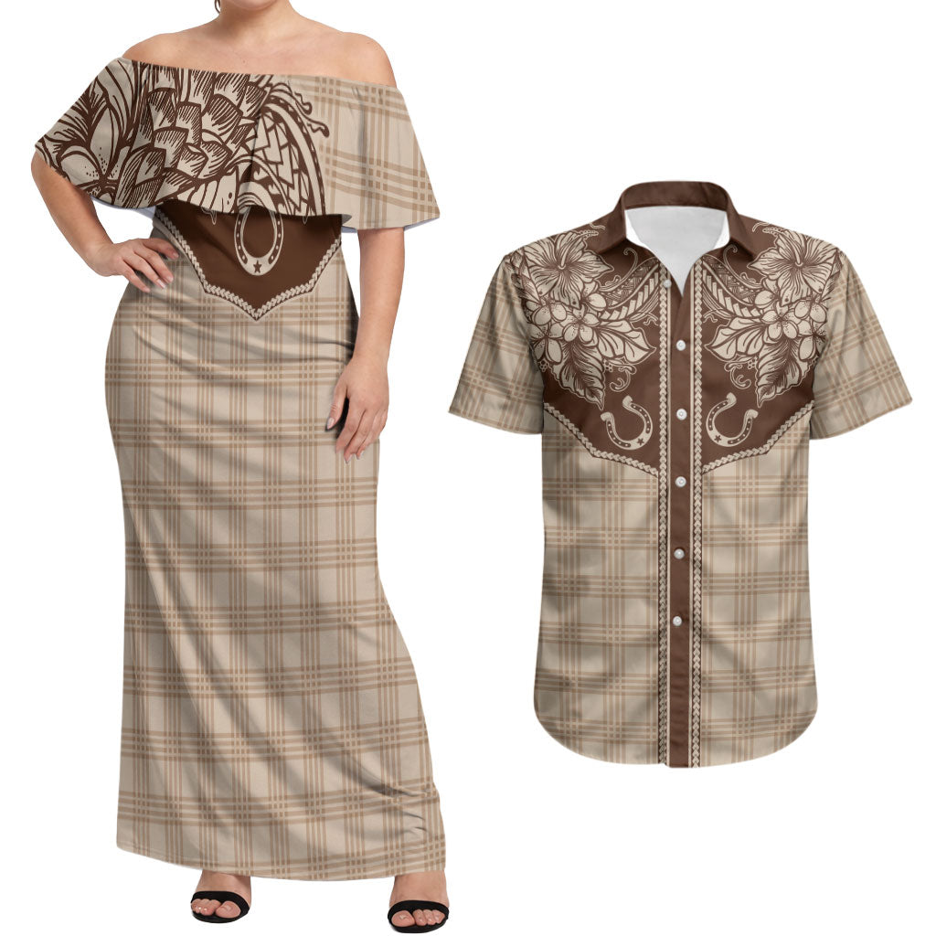 Hawai'i Paniolo Motif Leather Brown Couples Matching Off Shoulder Maxi Dress and Hawaiian Shirt Floral Palaka Print LT7 Brown - Polynesian Pride