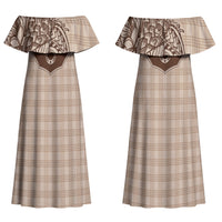 Hawai'i Paniolo Motif Leather Brown Couples Matching Off Shoulder Maxi Dress and Long Sleeve Button Shirt Floral Palaka Print LT7 - Polynesian Pride