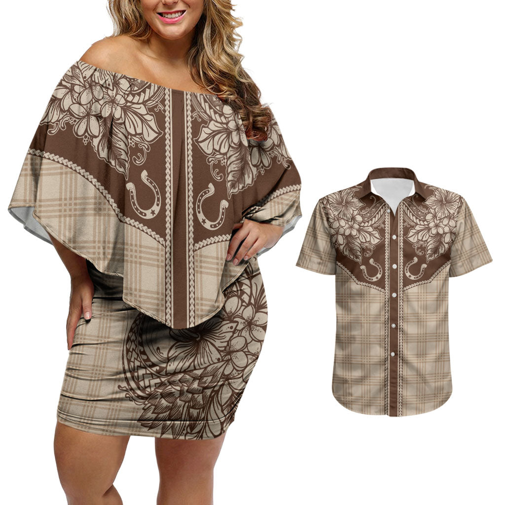 Hawai'i Paniolo Motif Leather Brown Couples Matching Off Shoulder Short Dress and Hawaiian Shirt Floral Palaka Print LT7 Brown - Polynesian Pride