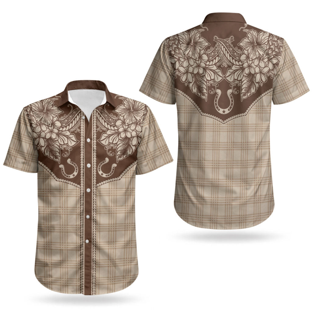 Hawai'i Paniolo Motif Leather Brown Couples Matching Off Shoulder Short Dress and Hawaiian Shirt Floral Palaka Print LT7 - Polynesian Pride