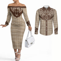 Hawai'i Paniolo Motif Leather Brown Couples Matching Off The Shoulder Long Sleeve Dress and Long Sleeve Button Shirt Floral Palaka Print LT7 Brown - Polynesian Pride