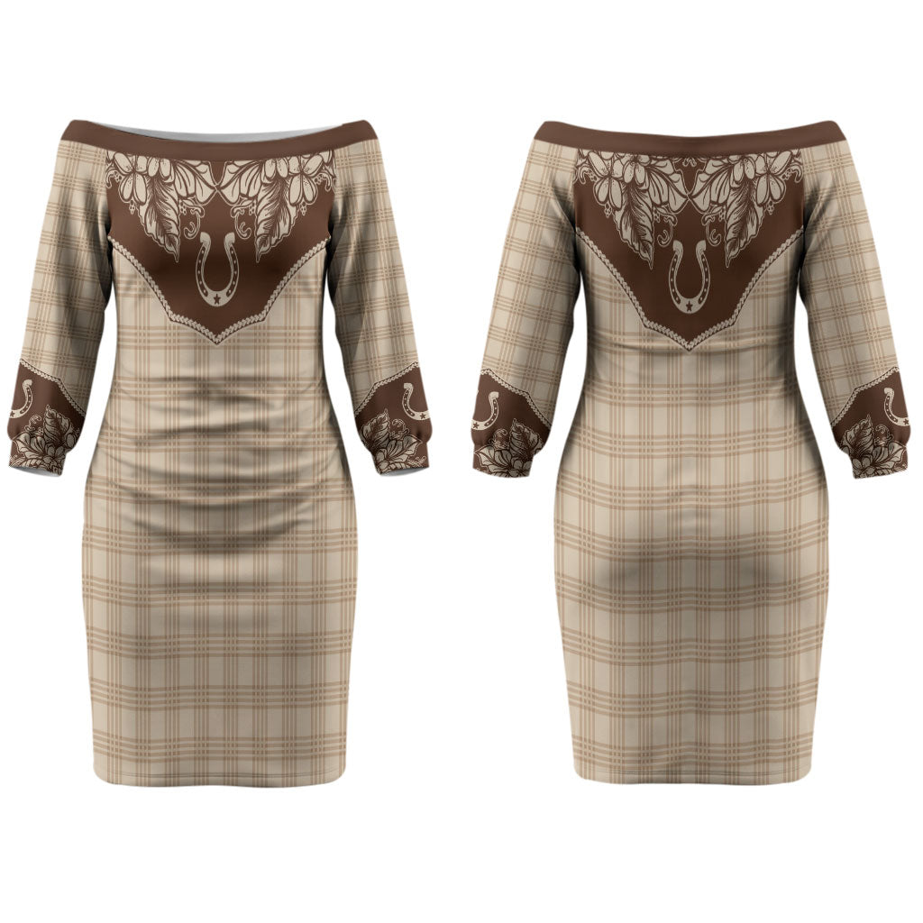 Hawai'i Paniolo Motif Leather Brown Couples Matching Off The Shoulder Long Sleeve Dress and Long Sleeve Button Shirt Floral Palaka Print LT7 - Polynesian Pride