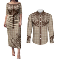 Hawai'i Paniolo Motif Leather Brown Couples Matching Puletasi and Long Sleeve Button Shirt Floral Palaka Print LT7 Brown - Polynesian Pride