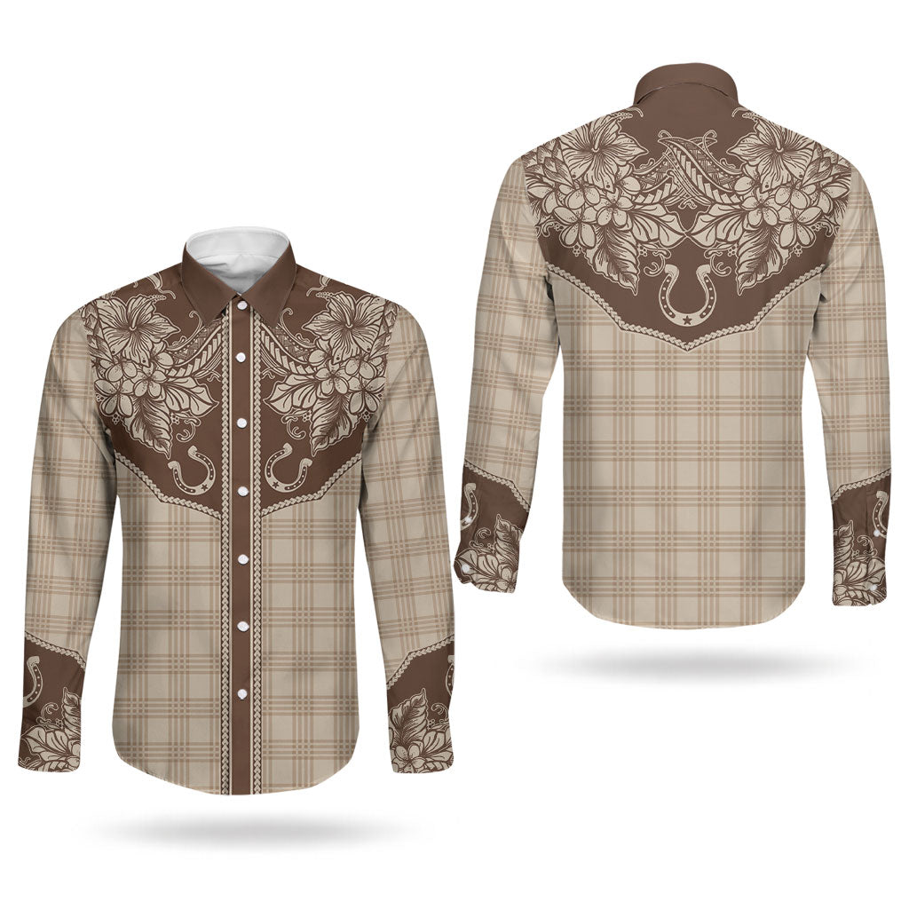 Hawai'i Paniolo Motif Leather Brown Couples Matching Puletasi and Long Sleeve Button Shirt Floral Palaka Print LT7 - Polynesian Pride