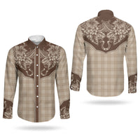 Hawai'i Paniolo Motif Leather Brown Couples Matching Puletasi and Long Sleeve Button Shirt Floral Palaka Print LT7 - Polynesian Pride