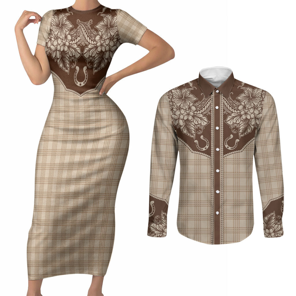 Hawai'i Paniolo Motif Leather Brown Couples Matching Short Sleeve Bodycon Dress and Long Sleeve Button Shirt Floral Palaka Print LT7 Brown - Polynesian Pride