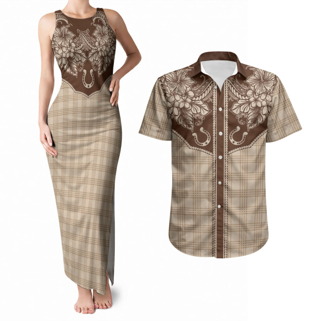Hawai'i Paniolo Motif Leather Brown Couples Matching Tank Maxi Dress and Hawaiian Shirt Floral Palaka Print LT7 Brown - Polynesian Pride