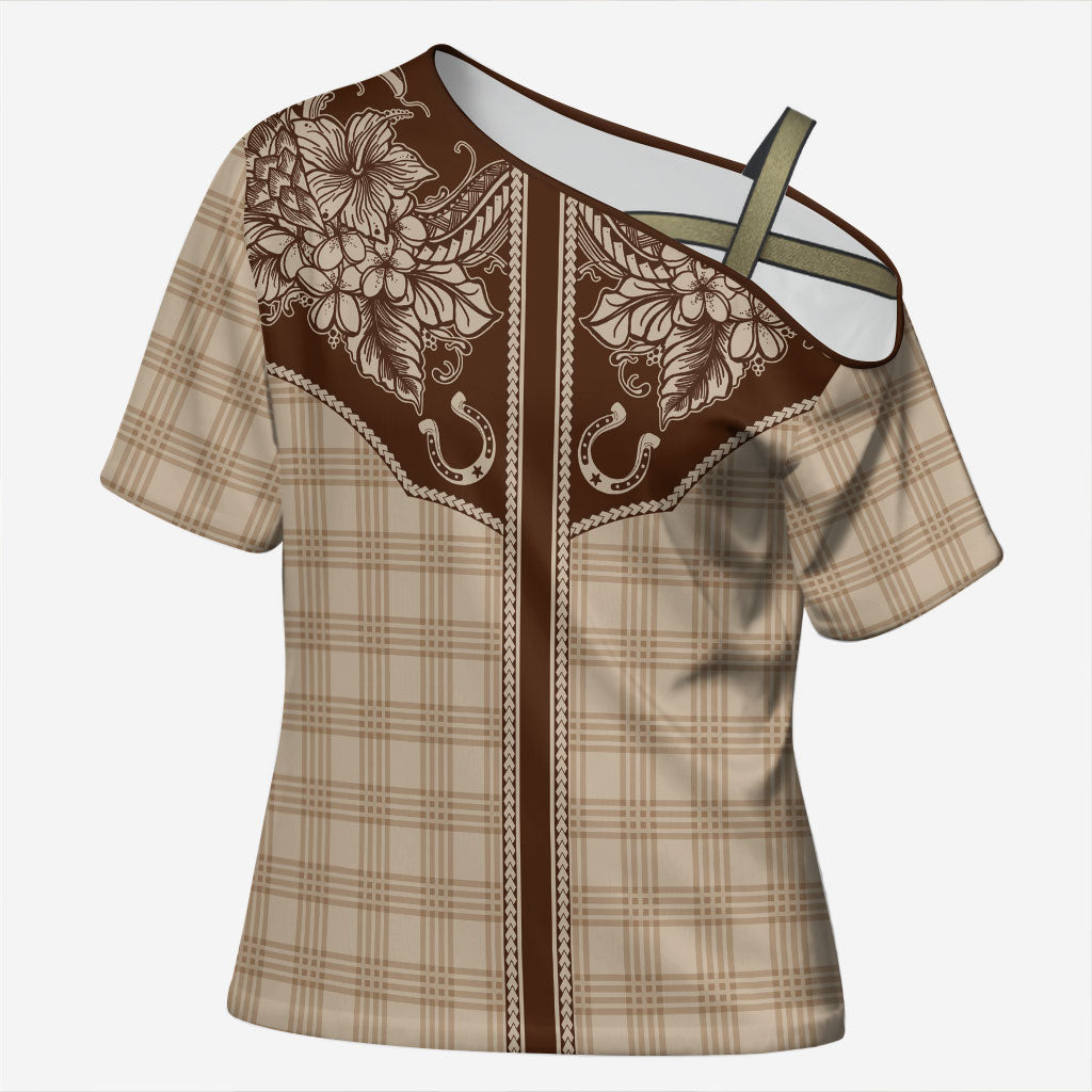 Hawai'i Paniolo Motif Leather Brown Cross Shoulder Shirt Floral Palaka Print LT7 Female Brown - Polynesian Pride