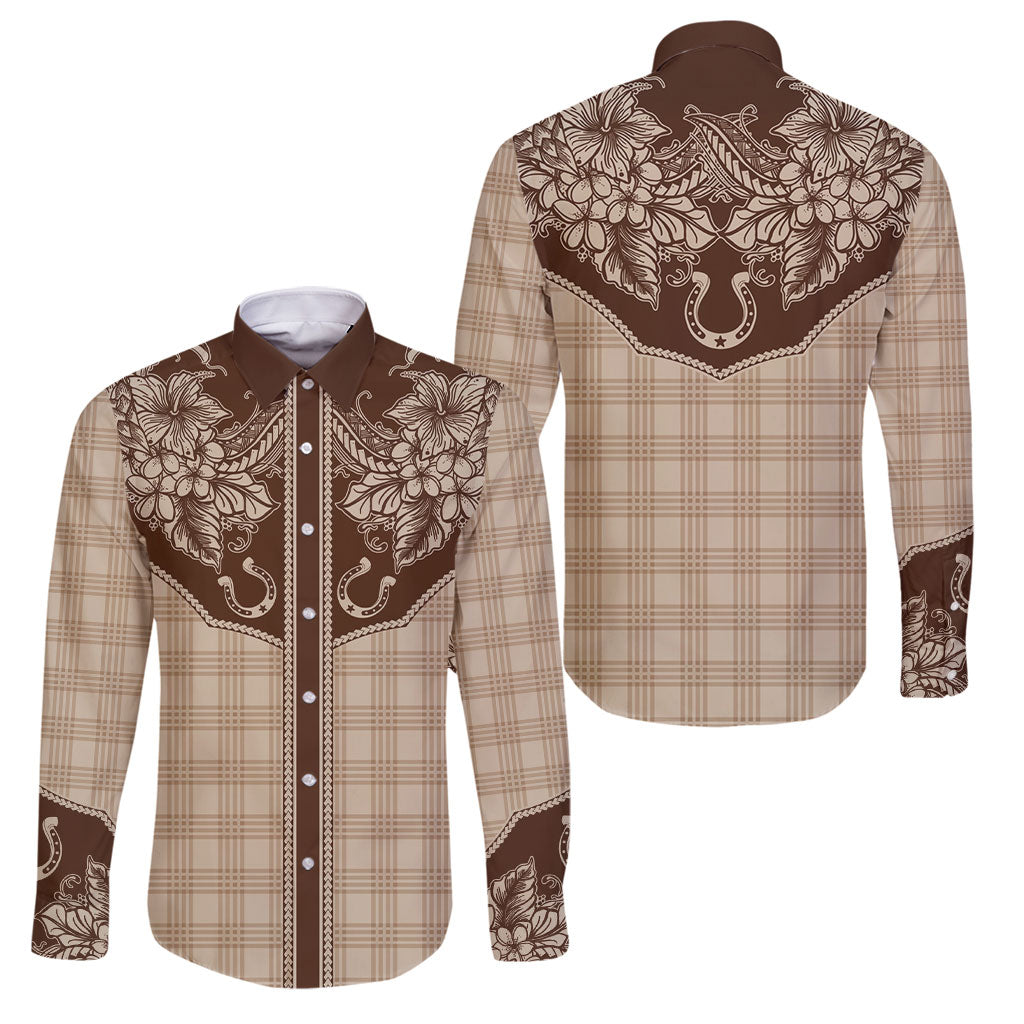 Hawai'i Paniolo Motif Leather Brown Family Matching Mermaid Dress and Hawaiian Shirt Floral Palaka Print LT7 Dad's Shirt - Long Sleeve Brown - Polynesian Pride