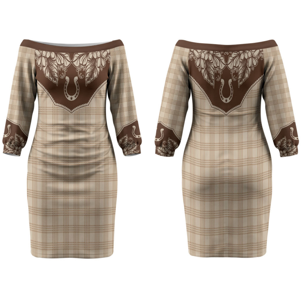 Hawai'i Paniolo Motif Leather Brown Family Matching Off The Shoulder Long Sleeve Dress and Hawaiian Shirt Floral Palaka Print LT7 Mom's Dress Brown - Polynesian Pride