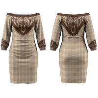 Hawai'i Paniolo Motif Leather Brown Family Matching Off The Shoulder Long Sleeve Dress and Hawaiian Shirt Floral Palaka Print LT7 Mom's Dress Brown - Polynesian Pride