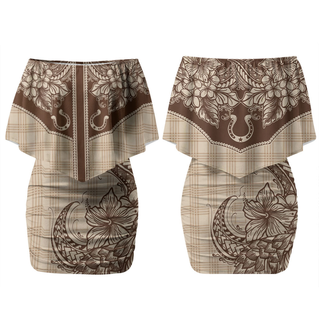 Hawai'i Paniolo Motif Leather Brown Family Matching Off Shoulder Short Dress and Hawaiian Shirt Floral Palaka Print LT7 Mom's Dress Brown - Polynesian Pride