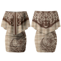 Hawai'i Paniolo Motif Leather Brown Family Matching Off Shoulder Short Dress and Hawaiian Shirt Floral Palaka Print LT7 Mom's Dress Brown - Polynesian Pride