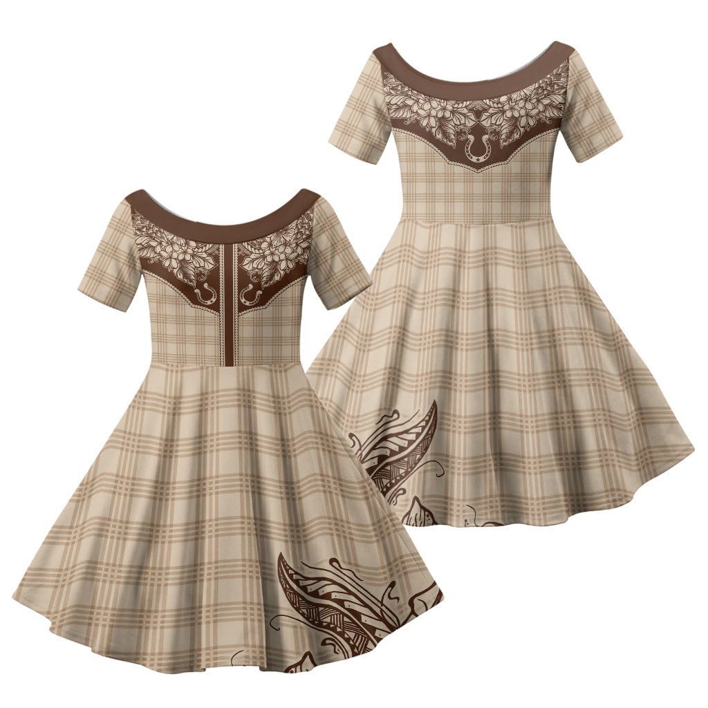 Hawai'i Paniolo Motif Leather Brown Family Matching Off Shoulder Short Dress and Hawaiian Shirt Floral Palaka Print LT7 Daughter's Dress Brown - Polynesian Pride