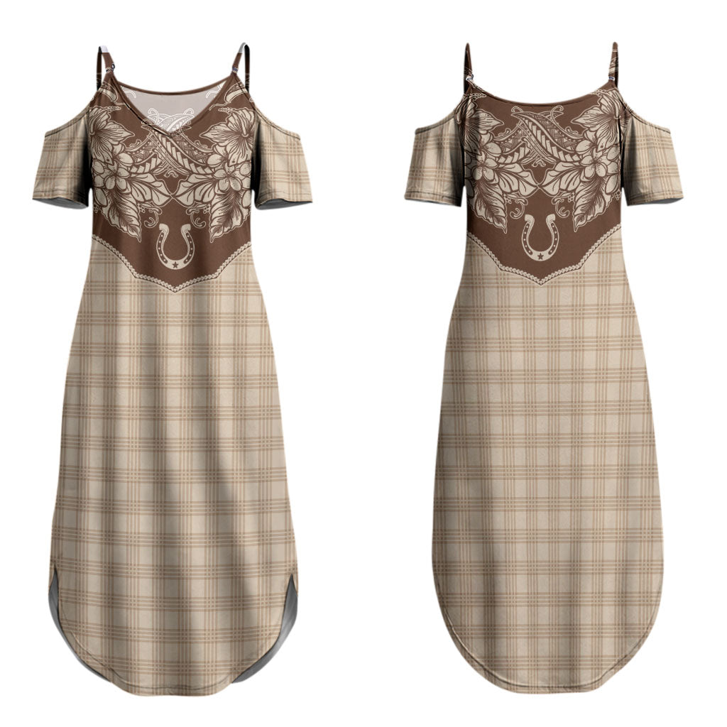 Hawai'i Paniolo Motif Leather Brown Family Matching Summer Maxi Dress and Hawaiian Shirt Floral Palaka Print LT7 Mom's Dress Brown - Polynesian Pride