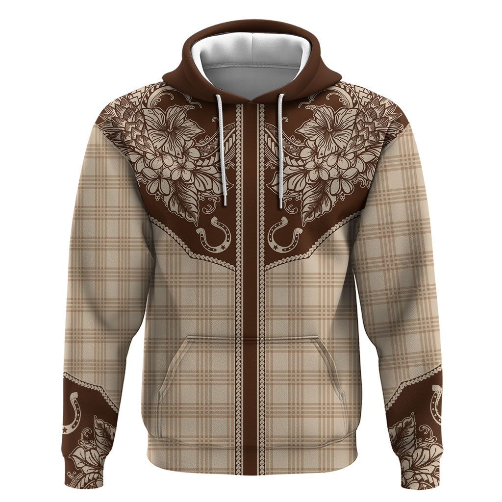 Hawai'i Paniolo Motif Leather Brown Hoodie Floral Palaka Print