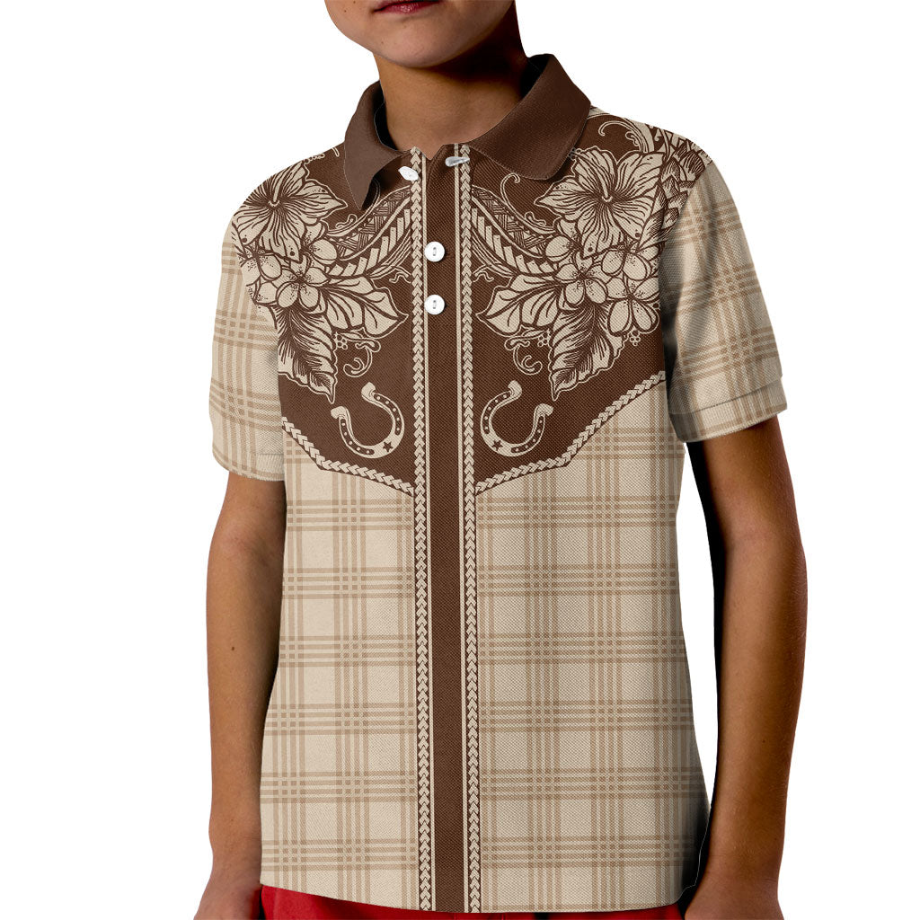 Hawai'i Paniolo Motif Leather Brown Kid Polo Shirt Floral Palaka Print LT7 Kid Brown - Polynesian Pride