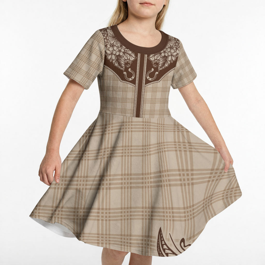 Hawai'i Paniolo Motif Leather Brown Kid Short Sleeve Dress Floral Palaka Print LT7 - Polynesian Pride