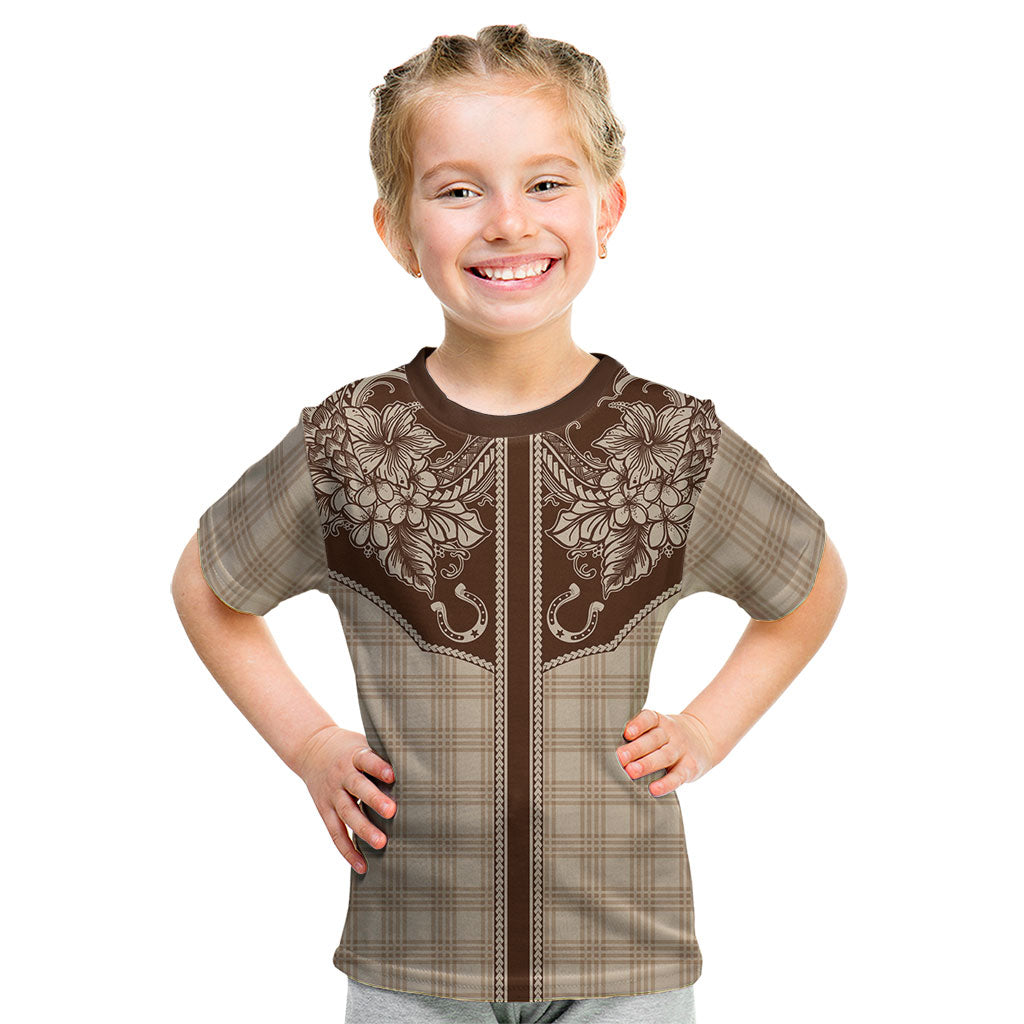 Hawai'i Paniolo Motif Leather Brown Kid T Shirt Floral Palaka Print LT7 Brown - Polynesian Pride