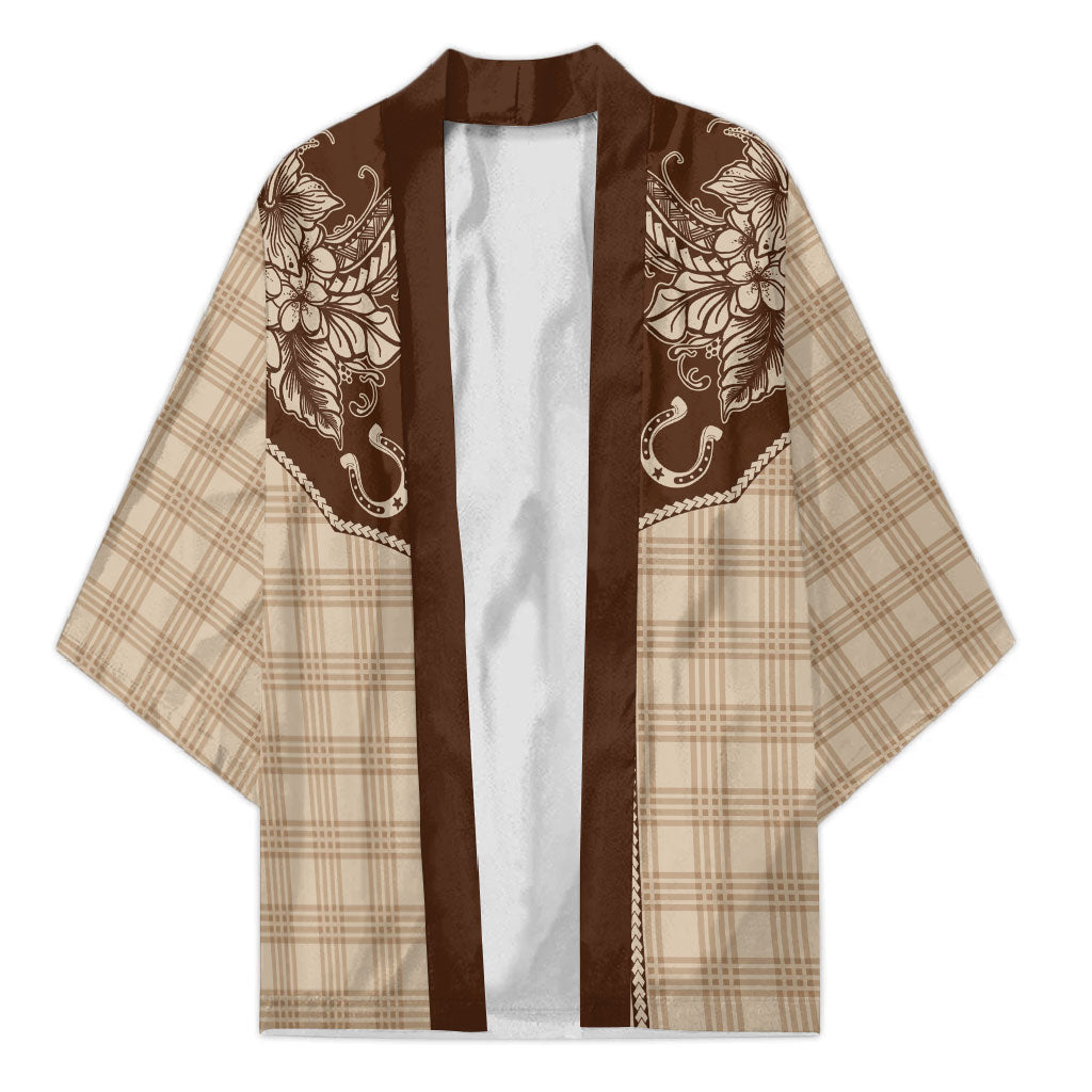 Hawai'i Paniolo Motif Leather Brown Kimono Floral Palaka Print LT7 Unisex Brown - Polynesian Pride