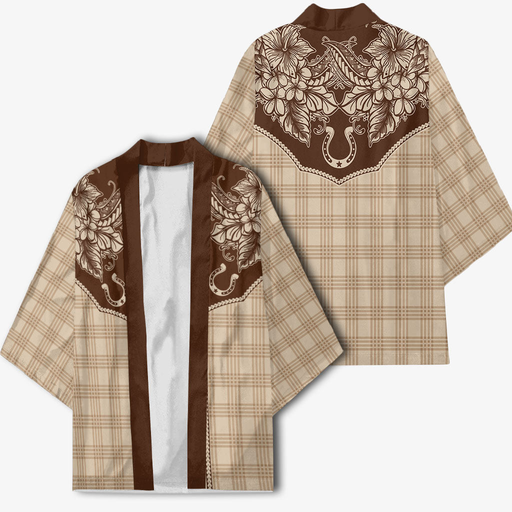 Hawai'i Paniolo Motif Leather Brown Kimono Floral Palaka Print LT7 - Polynesian Pride