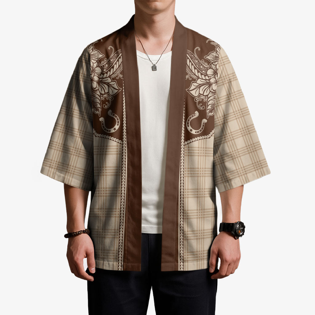 Hawai'i Paniolo Motif Leather Brown Kimono Floral Palaka Print LT7 - Polynesian Pride