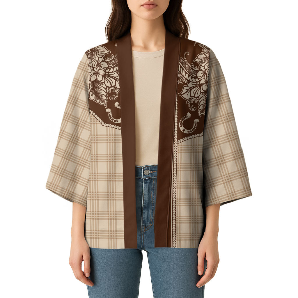 Hawai'i Paniolo Motif Leather Brown Kimono Floral Palaka Print LT7 - Polynesian Pride