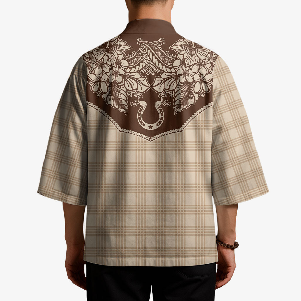 Hawai'i Paniolo Motif Leather Brown Kimono Floral Palaka Print LT7 - Polynesian Pride