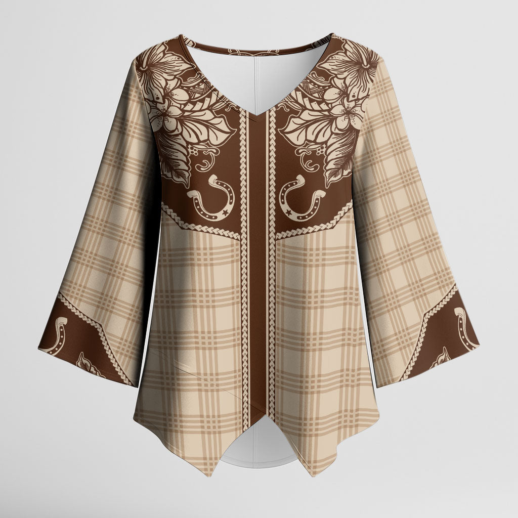 Hawai'i Paniolo Motif Leather Brown Kimono Sleeve Blouse Floral Palaka Print LT7 Female Brown - Polynesian Pride