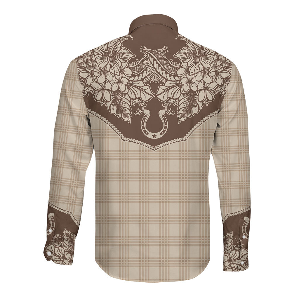 Hawai'i Paniolo Motif Leather Brown Long Sleeve Button Shirt Floral Palaka Print LT7 - Polynesian Pride