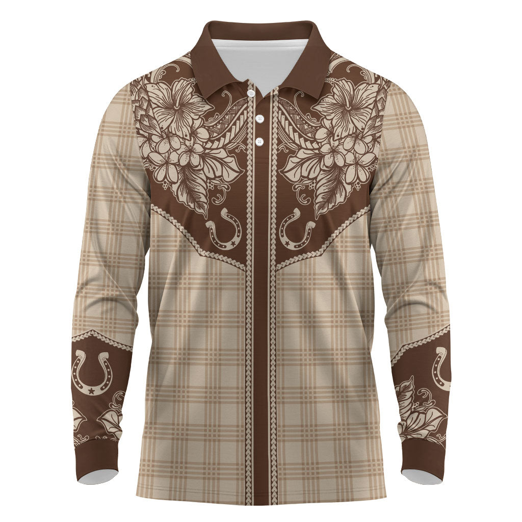 Hawai'i Paniolo Motif Leather Brown Long Sleeve Polo Shirt Floral Palaka Print LT7 Brown - Polynesian Pride