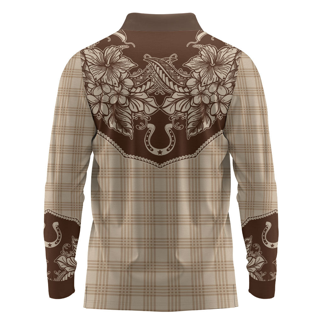 Hawai'i Paniolo Motif Leather Brown Long Sleeve Polo Shirt Floral Palaka Print LT7 - Polynesian Pride