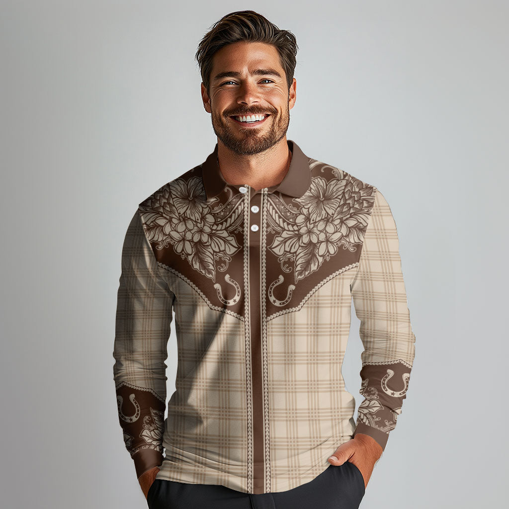 Hawai'i Paniolo Motif Leather Brown Long Sleeve Polo Shirt Floral Palaka Print LT7 - Polynesian Pride