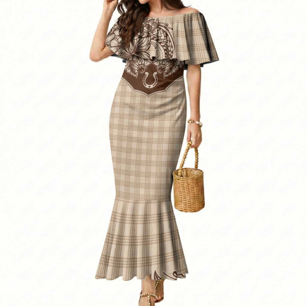 Hawai'i Paniolo Motif Leather Brown Mermaid Dress Floral Palaka Print LT7 Women Brown - Polynesian Pride