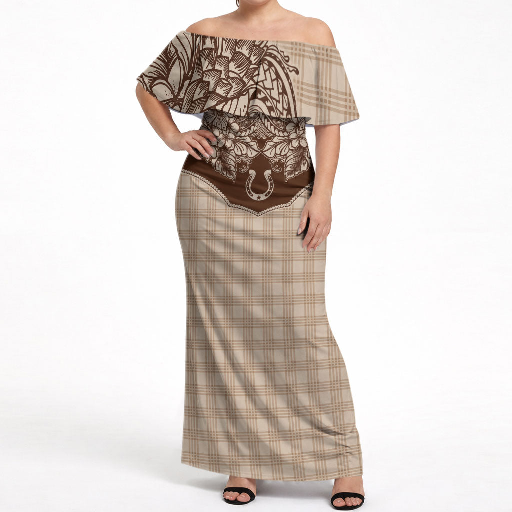 Hawai'i Paniolo Motif Leather Brown Off Shoulder Maxi Dress Floral Palaka Print LT7 Women Brown - Polynesian Pride