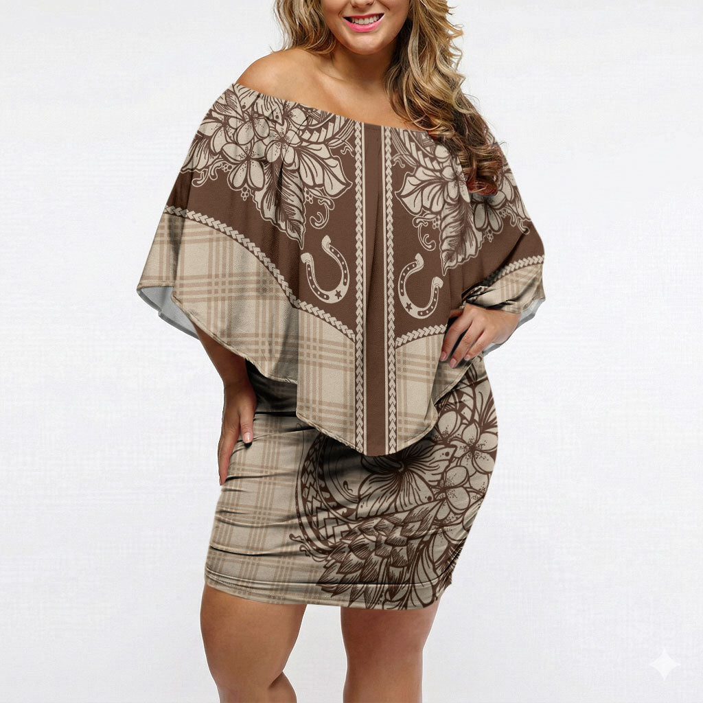 Hawai'i Paniolo Motif Leather Brown Off Shoulder Short Dress Floral Palaka Print LT7 Women Brown - Polynesian Pride