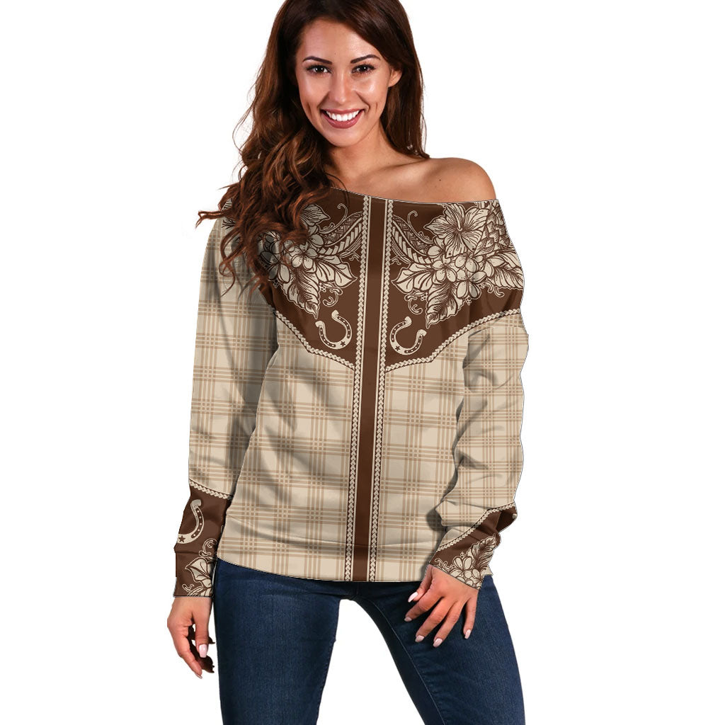 Hawai'i Paniolo Motif Leather Brown Off Shoulder Sweater Floral Palaka Print LT7 Women Brown - Polynesian Pride