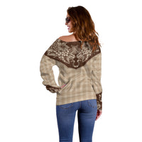 Hawai'i Paniolo Motif Leather Brown Off Shoulder Sweater Floral Palaka Print LT7 - Polynesian Pride